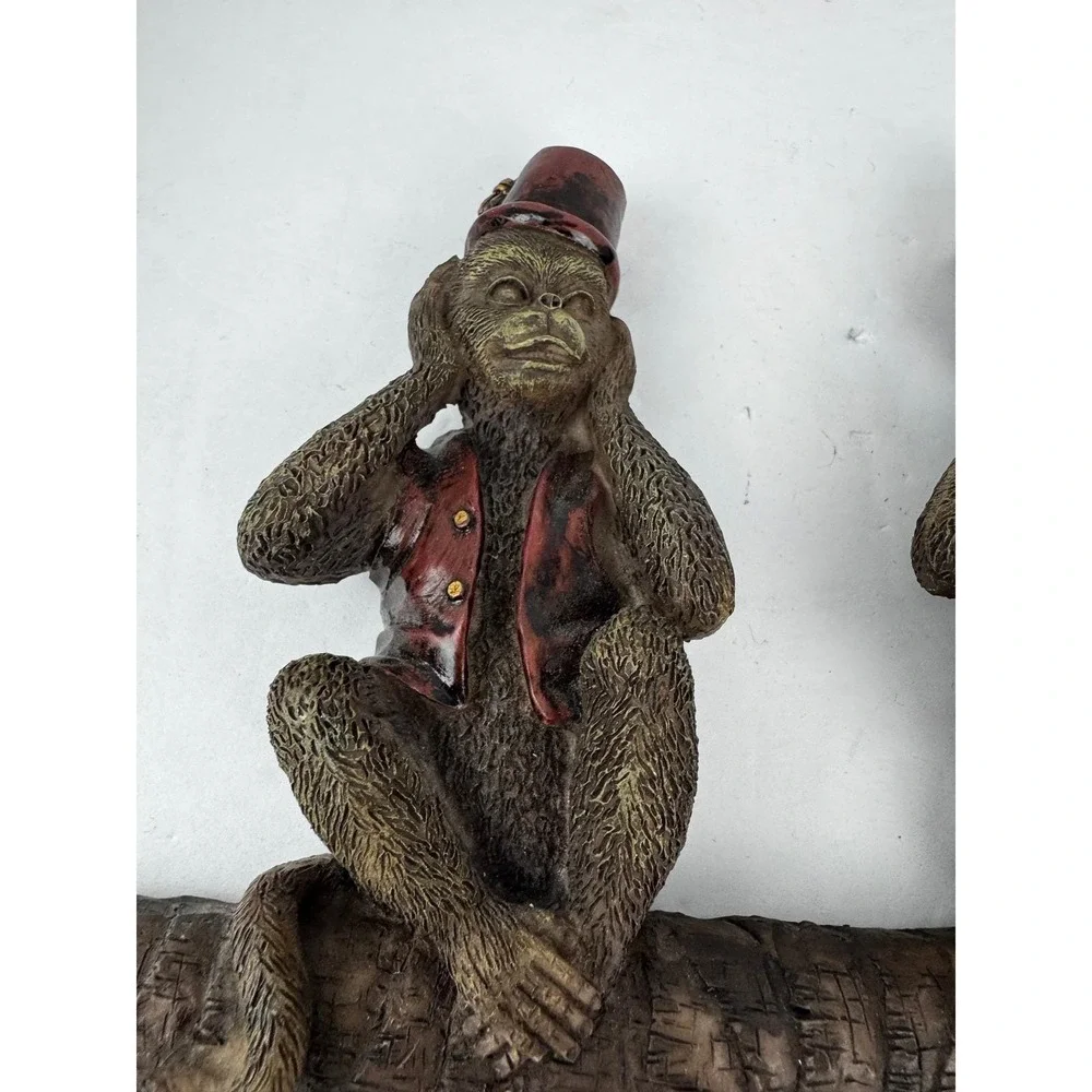 Three Wise Monkeys Wall Coat Rack See Hear Speak No Evil Fez Hat Resin 10.5in